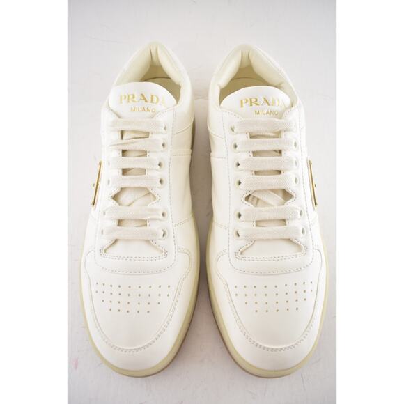 Prada Downtown Ivory Nappa Leather Gold Logo Flat Low Top Trainer Sneaker 41 - Picture 9 of 16
